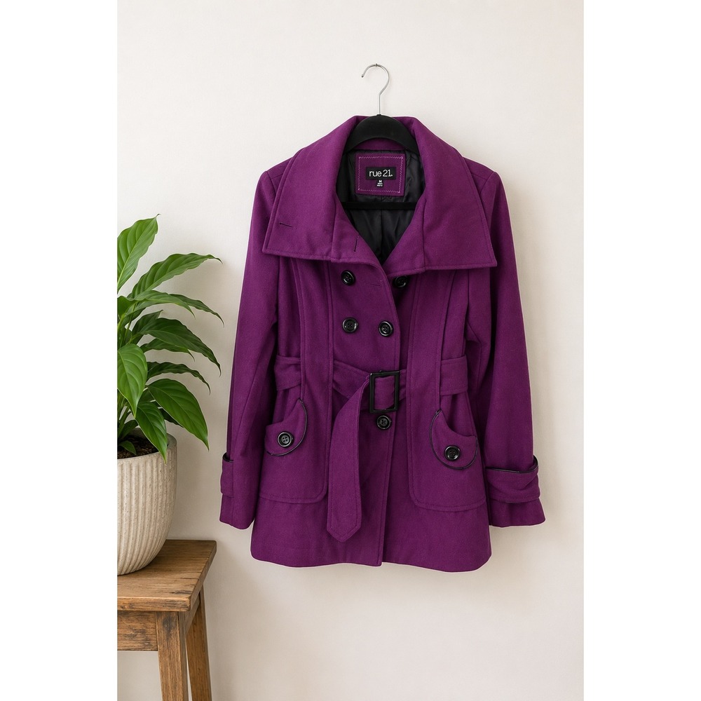Rue 21 Purple Double Breasted Wool Blend Belted Peacoat Winter Coat Medium M